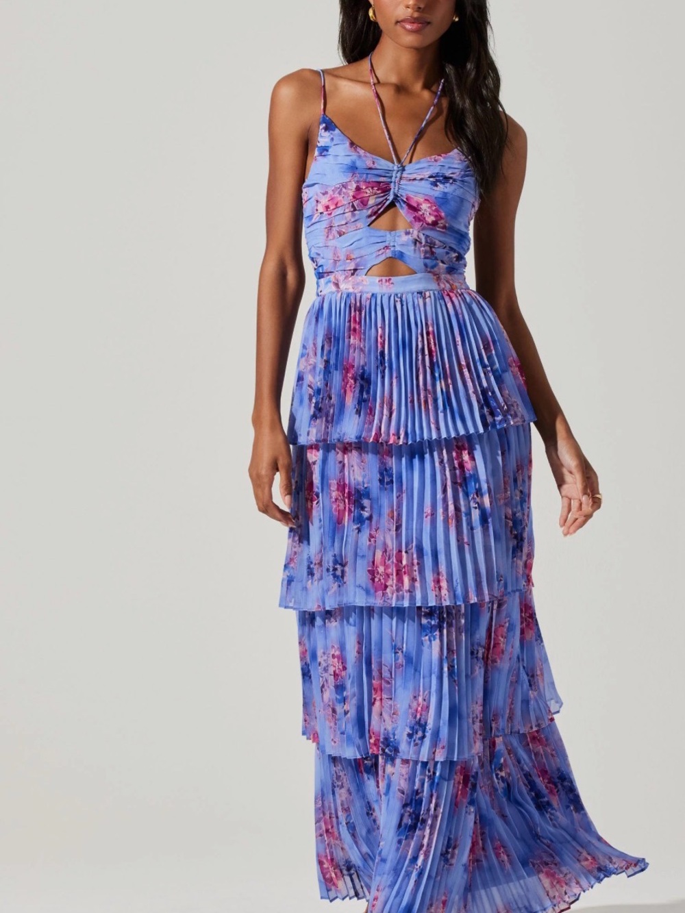 ASTR The Label "Daytona" Periwinkle Floral Plisse' Pleated Maxi Dress, S, EUC